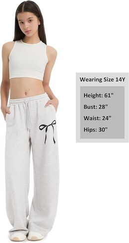 EXARUS بنات Bowknot Sweatpants فضفاض واسعة الساق عرق السراويل في سن المراهقة مع جيوب منتصف الارتفاع عارضة للأطفال 8-14Y in Kuwait