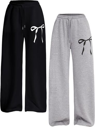 EXARUS بنات Bowknot Sweatpants فضفاض واسعة الساق عرق السراويل في سن المراهقة مع جيوب منتصف الارتفاع عارضة للأطفال 8-14Y in Kuwait