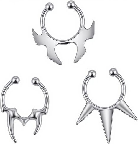 3Pcs Stainless Steel Fake Septum Ring Non-Piercing Clip-On Nose Hoop Jewelry - Bat, Fang & Spike Designs for Women and Men in Saudi Arabia
