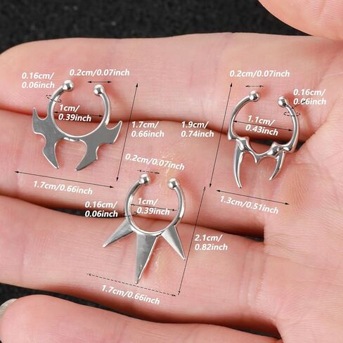 3Pcs Stainless Steel Fake Septum Ring Non-Piercing Clip-On Nose Hoop Jewelry - Bat, Fang & Spike Designs for Women and Men in Saudi Arabia