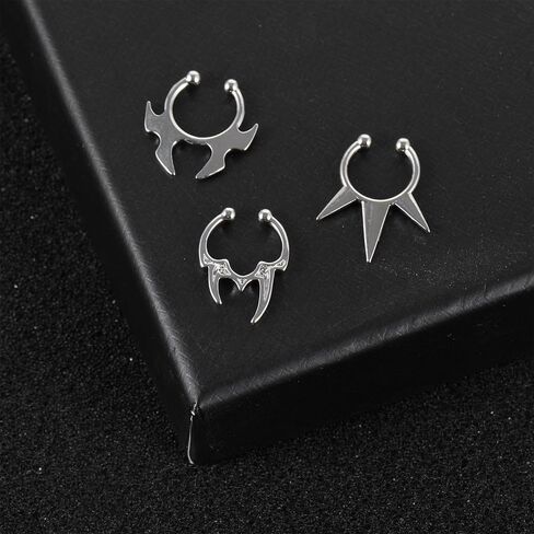 3Pcs Stainless Steel Fake Septum Ring Non-Piercing Clip-On Nose Hoop Jewelry - Bat, Fang & Spike Designs for Women and Men in Saudi Arabia
