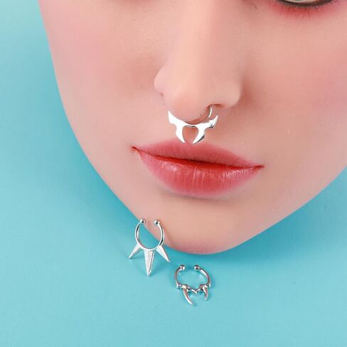 3Pcs Stainless Steel Fake Septum Ring Non-Piercing Clip-On Nose Hoop Jewelry - Bat, Fang & Spike Designs for Women and Men in Saudi Arabia