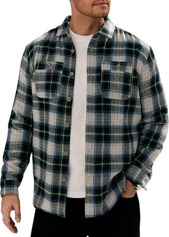 Men Fleece-Lined Button Shirt Flannel Plaid Warm Winter Casual Jacket with Flap Pockets (S-3XL) in Saudi Arabia