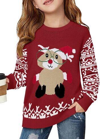 Haloumoning Girls Christmas Sweater Kids Long Sleeve Chunky Knit Sweaters Pullover Jumper Tops 5-14 Years in Saudi Arabia