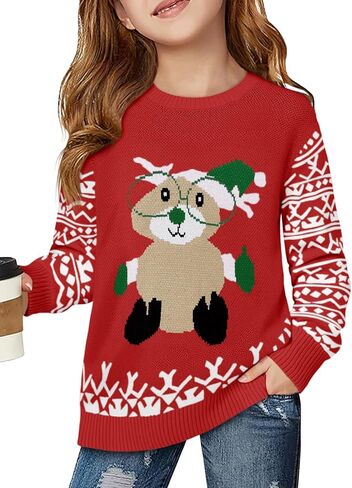 Haloumoning Girls Christmas Sweater Kids Long Sleeve Chunky Knit Sweaters Pullover Jumper Tops 5-14 Years in Saudi Arabia