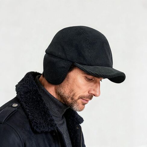 CLAPE Winter Ear Flap Hat for Men, Soft Corduroy Short Brim Baseball Cap with Shapeable Visor for Cold Weather in Saudi Arabia