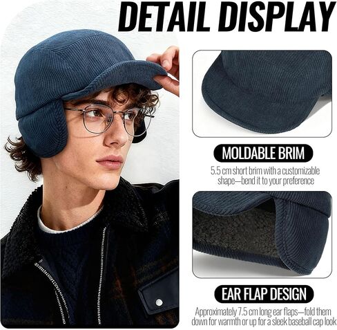 CLAPE Winter Ear Flap Hat for Men, Soft Corduroy Short Brim Baseball Cap with Shapeable Visor for Cold Weather in Saudi Arabia