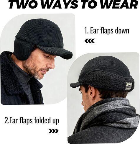 CLAPE Winter Ear Flap Hat for Men, Soft Corduroy Short Brim Baseball Cap with Shapeable Visor for Cold Weather in Saudi Arabia