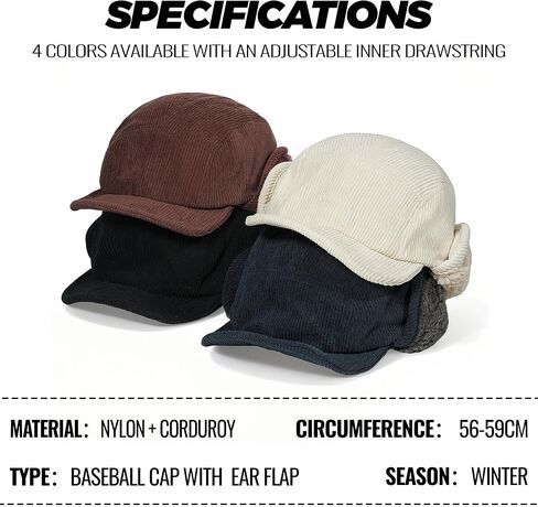 CLAPE Winter Ear Flap Hat for Men, Soft Corduroy Short Brim Baseball Cap with Shapeable Visor for Cold Weather in Saudi Arabia
