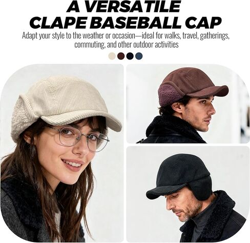 CLAPE Winter Ear Flap Hat for Men, Soft Corduroy Short Brim Baseball Cap with Shapeable Visor for Cold Weather in Saudi Arabia