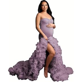 Women's Puffy Tulle Maternity Dress for Photoshoot Ruffles Mermaid Baby Shower Pregnancy Gowns with Slit in Kuwait
