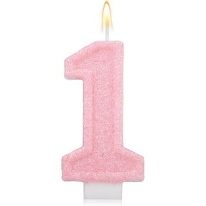 Pink Number One Birthday Candles, Romantic Cake Glitter Pink Number 1st Candles Anniversary Cake First Topper Decoration Cute Birthday Party Supplies for Wedding Anniversary Celebration Supplies (1) in Saudi Arabia