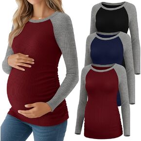 Neer 3 Pack Maternity Shirts Long Sleeve Ribbed Knit Cotton Color Block Baseball Tops Raglan Side Ruched Pregnancy Clothes in Saudi Arabia