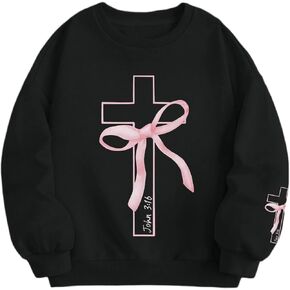 Girls Christian Sweatshirt Kids Cute Pink Bow Sweatshirts Teens Aesthetic Cross Graphic Long Sleeve Shirt Pullover Top in Saudi Arabia