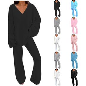 JiXiang Soft Pajama Set for Women Fuzzy Fleece 2 Piece Oversized Sweater Top and Pants Set Cozy Soft Warm Plush Loungewear in Kuwait