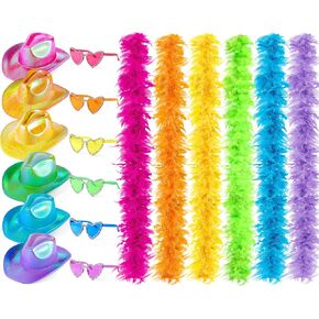 Shihanee 18 قطعة من قبعة الريش الملونة المجسمة ونظارات القلب مجموعة نيون سباركلي بريق قبعة رعاة البقر 6.6 قدم 60 جرام من الريش الملون لحفلة ديسكو كرنفال in Kuwait