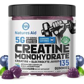Natures Aid Creatine Gummy 5g - كرياتين مونوهيدرات معتمد من NSF - طاقة ما قبل التمرين ودعم نمو العضلات للرجال والنساء | علكات إلكتروليت التوت الأزرق (135 قطعة) in Kuwait