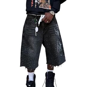 Mens Hip Pop Casual Denim Shorts Knee Length Trendy Letter Rhinestone Jeans Streetwear in Saudi Arabia