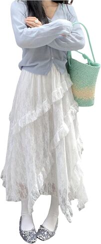 تنورة SHENHE النسائية الطويلة من الدانتيل غير المتكافئة، تنورة A Line Boho Renaissance Fairy in Kuwait