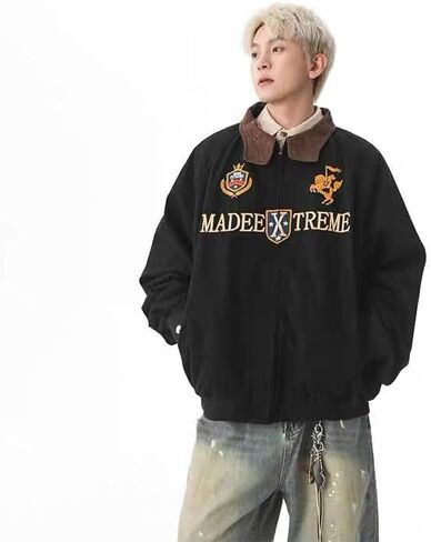 Teen Jacket, Polyester Embroidered American Retro Baseball Jacket (Blue/Black) in Saudi Arabia