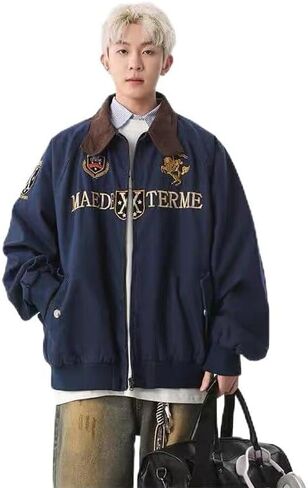 Teen Jacket, Polyester Embroidered American Retro Baseball Jacket (Blue/Black) in Saudi Arabia