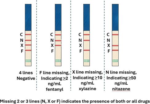 شرائط اختبار الفنتانيل/الزيلازين/النيتازين للمواد السائلة والحبوب والمساحيق، عدد 5، مصنوعة في الولايات المتحدة الأمريكية، أكثر حساسية بـ 10 مرات - للحد من الأضرار وتحقيقات الطب الشرعي in Kuwait