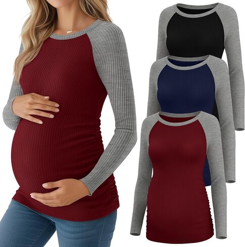 Neer 3 Pack قمصان الأمومة طويلة الأكمام مضلع متماسكة القطن اللون كتلة البيسبول القمم راجلان الجانب Ruched ملابس الحمل in Saudi Arabia