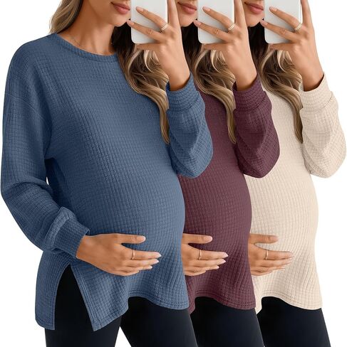 3 Pack Women's Maternity Shirts Long Sleeve Waffle Knit Side Split Oversized Tops Fall Tees Pregnancy Clothes(Blue, Fuchsia, Beige,Large) in Saudi Arabia