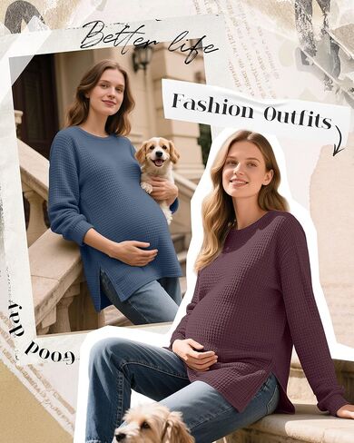 3 Pack Women's Maternity Shirts Long Sleeve Waffle Knit Side Split Oversized Tops Fall Tees Pregnancy Clothes(Blue, Fuchsia, Beige,Large) in Saudi Arabia