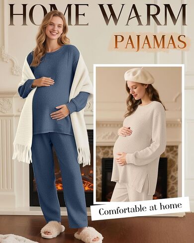 3 Pack Women's Maternity Shirts Long Sleeve Waffle Knit Side Split Oversized Tops Fall Tees Pregnancy Clothes(Blue, Fuchsia, Beige,Large) in Saudi Arabia