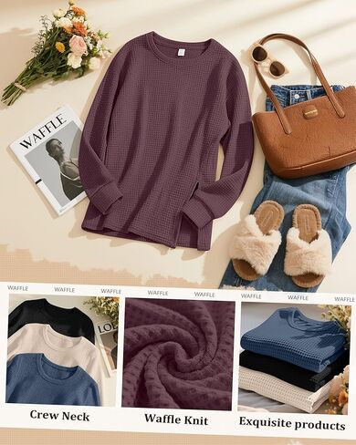 3 Pack Women's Maternity Shirts Long Sleeve Waffle Knit Side Split Oversized Tops Fall Tees Pregnancy Clothes(Blue, Fuchsia, Beige,Large) in Saudi Arabia
