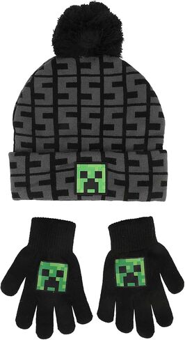 Minecraft SSSS Creeper Toddler Black 2-Piece Knit Beanie & Gloves Set in Saudi Arabia