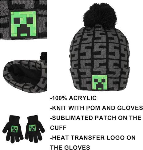 Minecraft SSSS Creeper Toddler Black 2-Piece Knit Beanie & Gloves Set in Saudi Arabia