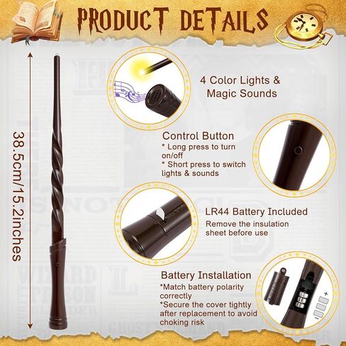 Light Up Magic Wizard Wands with Sounds & Color Lights – 10PCS Illuminating Witch Wand Sorcerer Cosplay Accessories and Birthday Party Favor Toy Set for Kids Halloween Events, Brown & Golden in Saudi Arabia