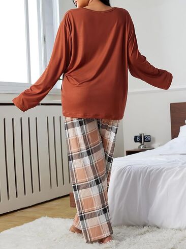 بيجامة نسائية مقاس كبير طقم بيجامة منقوشة ومنقوشة على شكل دب بني بأكمام طويلة بلوزات وسراويل ملابس نوم لطيفة in Saudi Arabia