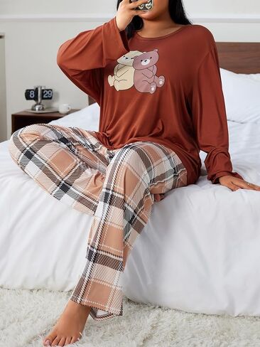 بيجامة نسائية مقاس كبير طقم بيجامة منقوشة ومنقوشة على شكل دب بني بأكمام طويلة بلوزات وسراويل ملابس نوم لطيفة in Saudi Arabia