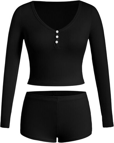 OYOANGLE Women's Pajama Set 2 Piece Long Sleeve T-shirt Top and Shorts Sleepwear Loungewear in Saudi Arabia