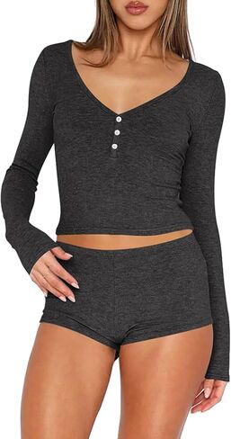 OYOANGLE Women's Pajama Set 2 Piece Long Sleeve T-shirt Top and Shorts Sleepwear Loungewear in Saudi Arabia