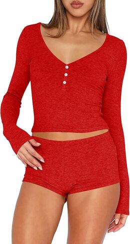 OYOANGLE Women's Pajama Set 2 Piece Long Sleeve T-shirt Top and Shorts Sleepwear Loungewear in Saudi Arabia