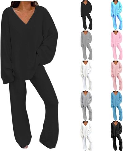 JiXiang Soft Pajama Set for Women Fuzzy Fleece 2 Piece Oversized Sweater Top and Pants Set Cozy Soft Warm Plush Loungewear in Kuwait