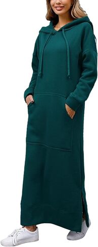 Sweatshirt Dresses for Women 2025 Casual Maxi Length Hooded Dress Drawstring Plus Size Fleece Pullover with Pocket in Saudi Arabia