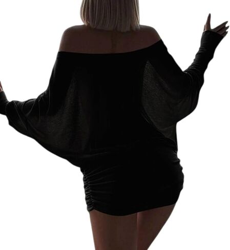 Off The Shoulder Mini Dress for Women Sheer Batwing Sleeve Dress Loose Strapless Ruched Dresses Party Club Dresses in Saudi Arabia