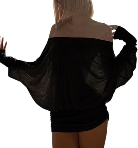 Off The Shoulder Mini Dress for Women Sheer Batwing Sleeve Dress Loose Strapless Ruched Dresses Party Club Dresses in Saudi Arabia