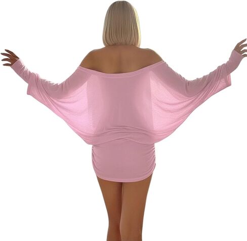 Off The Shoulder Mini Dress for Women Sheer Batwing Sleeve Dress Loose Strapless Ruched Dresses Party Club Dresses in Saudi Arabia