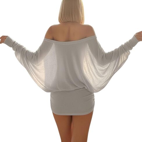 Off The Shoulder Mini Dress for Women Sheer Batwing Sleeve Dress Loose Strapless Ruched Dresses Party Club Dresses in Saudi Arabia