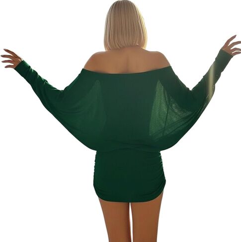 Off The Shoulder Mini Dress for Women Sheer Batwing Sleeve Dress Loose Strapless Ruched Dresses Party Club Dresses in Saudi Arabia