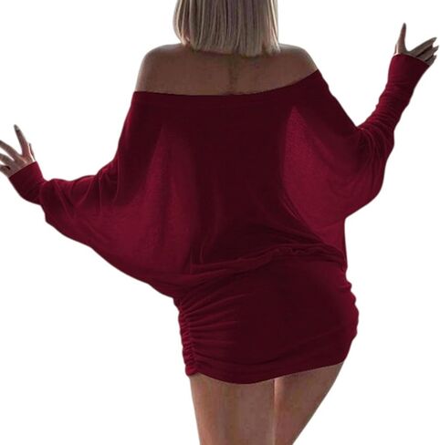 Off The Shoulder Mini Dress for Women Sheer Batwing Sleeve Dress Loose Strapless Ruched Dresses Party Club Dresses in Saudi Arabia