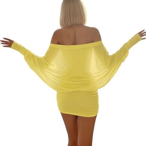 Off The Shoulder Mini Dress for Women Sheer Batwing Sleeve Dress Loose Strapless Ruched Dresses Party Club Dresses in Saudi Arabia