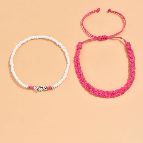 Bohemian Braided & Beaded Anklet Set with Seahorse Charm – Adjustable 2-Piece Foot Jewelry, Pink & White in Saudi Arabia