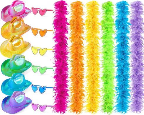 Shihanee 18 قطعة من قبعة الريش الملونة المجسمة ونظارات القلب مجموعة نيون سباركلي بريق قبعة رعاة البقر 6.6 قدم 60 جرام من الريش الملون لحفلة ديسكو كرنفال in Kuwait